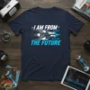 I AM FROM THE FUTURE t-shirt with a retro spaceship graphic and digital time codes