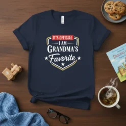 Navy t-shirt with "It's Official I Am Grandma's Favorite" text in white and gold, designed for grandchildren