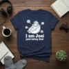 I am Joei just being Joei personalized t-shirt featuring a relaxed cartoon character with headphones, game controller, coffee cup, and