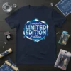 Navy t-shirt with bold white and blue "I am just a EDITION Edition" text in a geometric design