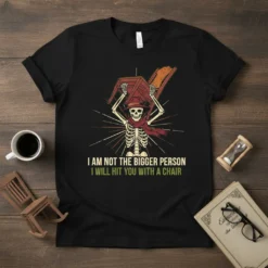 Skeleton wearing a scarf and hat, holding a chair above its head, with the text "I am not the bigger