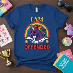 I Am Offended text with a dark purple unicorn and rainbow graphic on a navy blue t-shirt