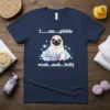 I am pibble wash mah belly pug in bathtub with soap graphic on navy t-shirt