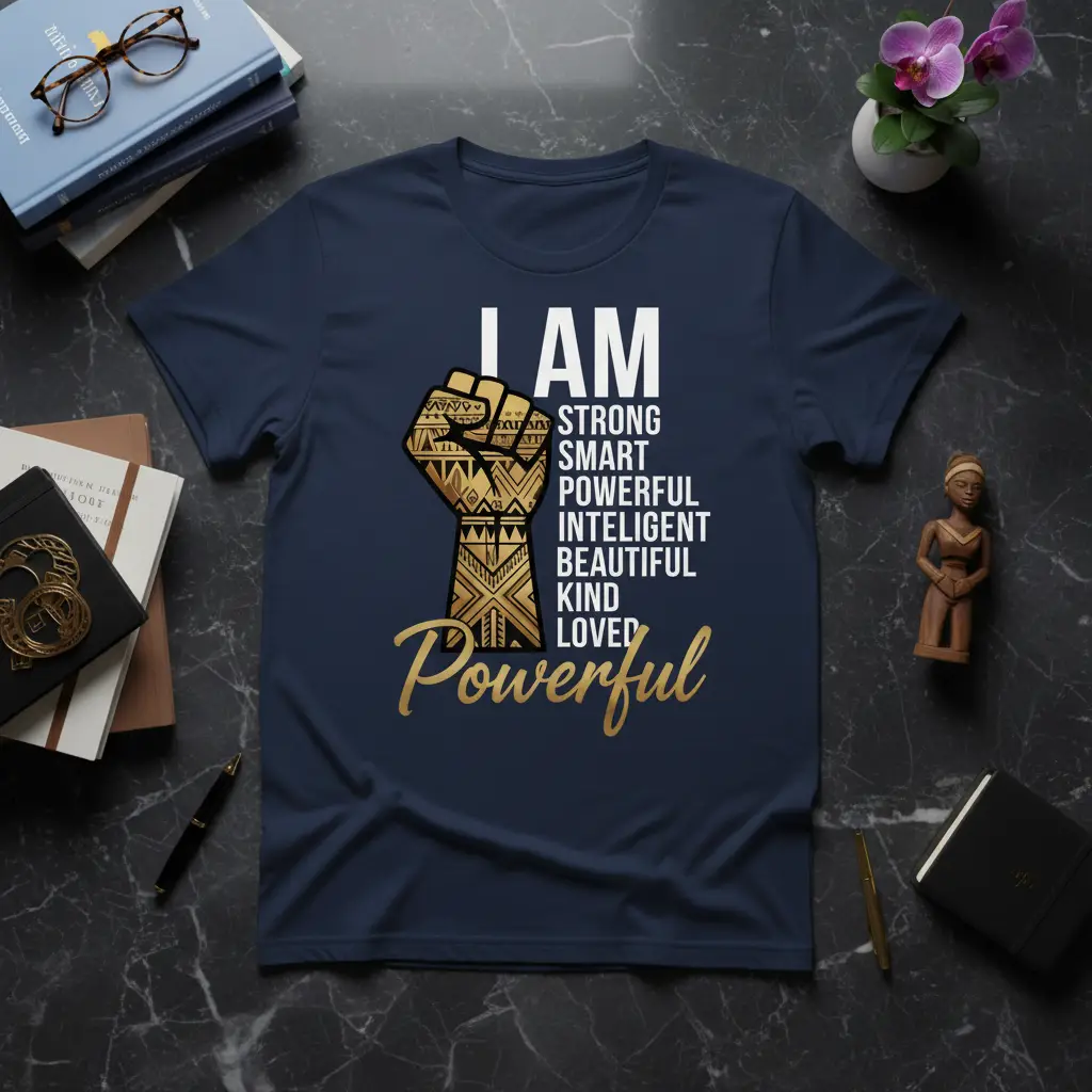 I AM STRONG SMART POWERFUL INTELLIGENT BEAUTIFUL KIND LOVED Powerful quote with golden fist graphic on a dark navy t-shirt