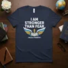 I AM STRONGER THAN FEAR quote with wings and open book design, attributed to Malala Yousafzai