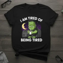 Frankenstein character sitting on a tombstone, holding coffee, with text "I Am Tired Of Being Tired" on a black t-shirt