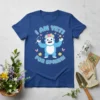 Blue t-shirt with text "I AM YETI! FOR SPRING!" and a cartoon yeti wearing a flower crown, surrounded by butterflies