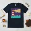 I Am A Beacon Of Joy quote on a navy t-shirt with a red and white striped lighthouse graphic in