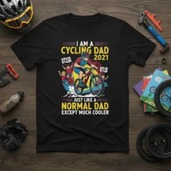 T-shirt design featuring the text "I Am A Cycling Dad 2021 Just Like A Normal Dad Except Much Cooler" with