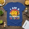 T-shirt featuring "I AM A PALINDROME TACOCAT" text with a kawaii cat dressed as a taco, set against a retro