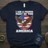Navy t-shirt with "I AM A PROUD PART OF YOU AMERICA" text and an eagle in front of a US