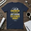 Navy blue t-shirt with yellow and white text: "I AM AN ENGINEER TO SAVE TIME JUST ASSUME I'M ALWAYS RIGHT"