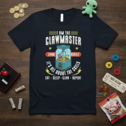 I Am The Clawmaster Crane Addict t-shirt featuring text and a claw machine graphic with plush toys and a trophy