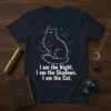 Black cat with bright blue eyes surrounded by constellations, text reads "I am the Night. I am the Shadows. I