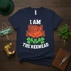 I Am The Redhead T-Shirt with a cartoon fox and shamrock design, celebrating St. Patrick's Day with Irish pride