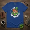 I Am The Redhead t-shirt design with a cartoon redhead leprechaun holding shamrocks