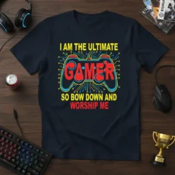 I Am The Ultimate Gamer So Bow Down And Worship Me quote on a navy t-shirt with a retro game