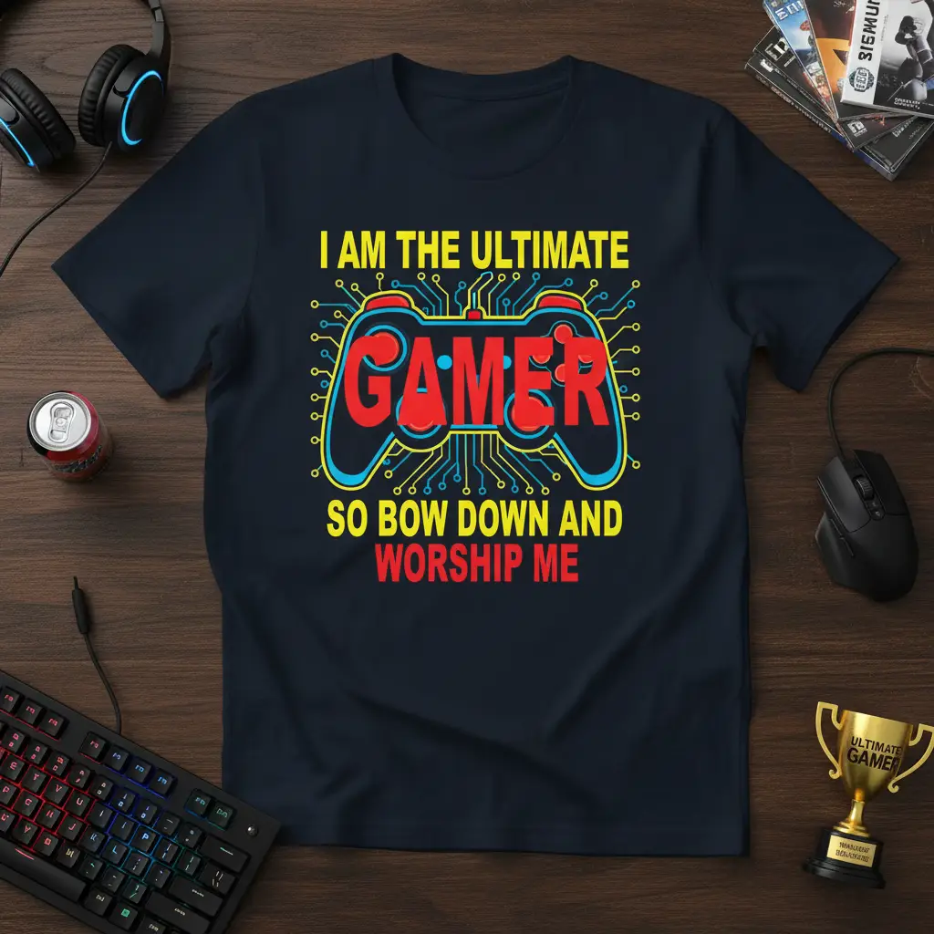 I Am The Ultimate Gamer quote on a t-shirt with a red and blue game controller design and circuit board accents