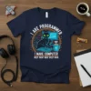 Navy t-shirt with "I ARE PROGRAMMER I MAKE COMPUTER BEEP BOOP BEEP BOOP BOOL" text, featuring a black cat at