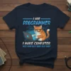 Navy t-shirt with "I Are Programmer I Make Computer Beep Boop" text and a cartoon cat wearing glasses coding on