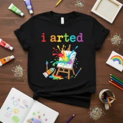 Black t-shirt with "i arted" text in rainbow colors, featuring an easel with a colorful paint splash and cartoonish paint