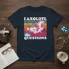 I Axolotl Questions T-Shirt featuring a detective axolotl with a magnifying glass, vintage sunset background