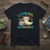 I Axolotl Questions t-shirt design with a cute axolotl holding a magnifying glass over books and question marks