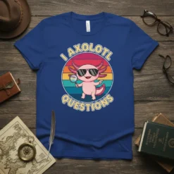 I Axolotl Questions text with a cute axolotl wearing sunglasses holding a magnifying glass, set against a retro sunset background