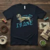 I B LOVE Dachshund T-Shirt design featuring a vintage-style dachshund illustration and blue text that reads "I B LOVE"