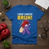I Beat Cancer Bruh! t-shirt design featuring a boxing glove punching a purple cancer ribbon