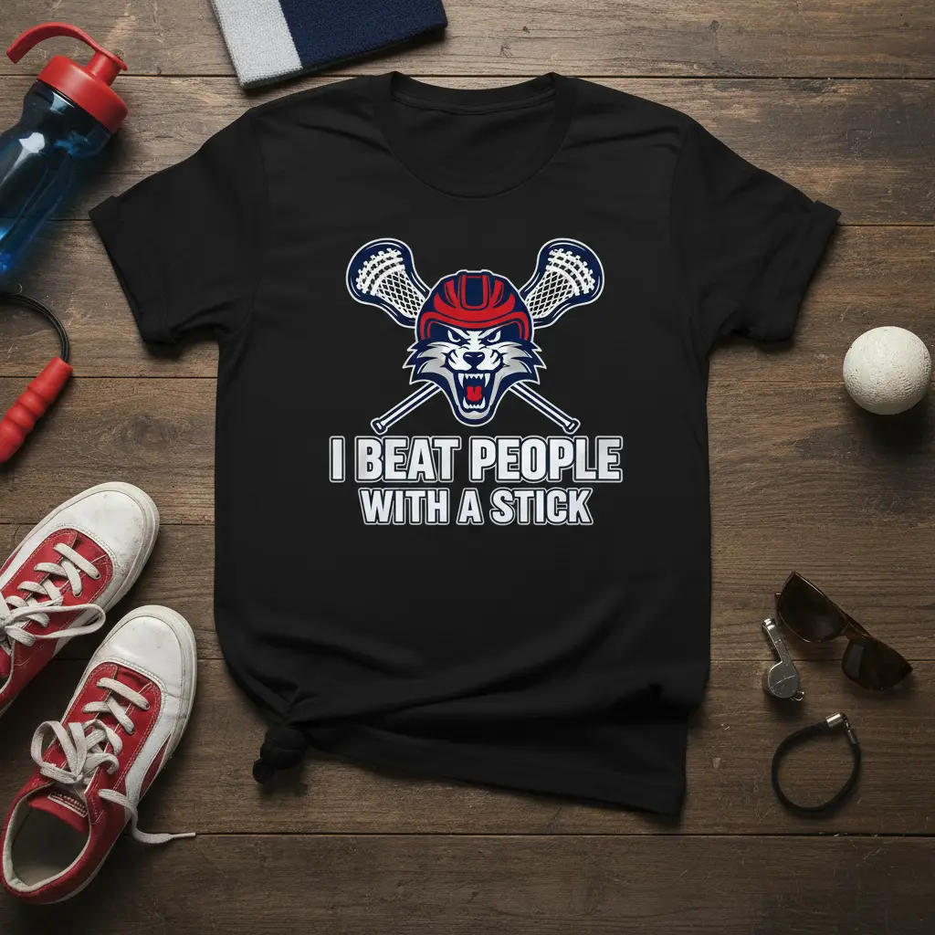 I Beat People With A Stick quote with wolf mascot and crossed lacrosse sticks graphic on t-shirt
