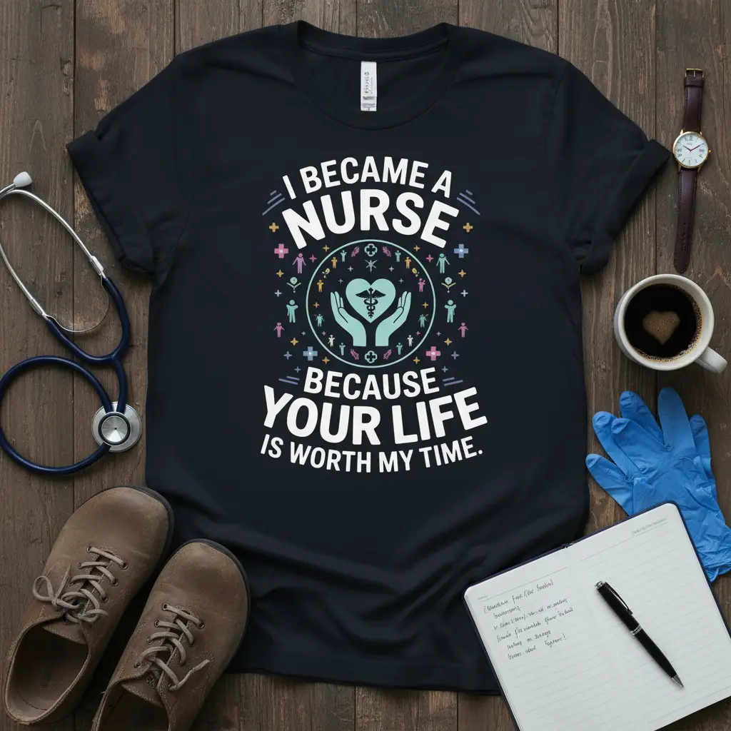 I Became A Nurse Because Your Life Is Worth My Time quote on black t-shirt with nurse symbols and figures
