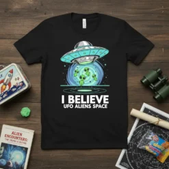 T-shirt with "I BELIEVE UFO ALIENS SPACE" text and cartoon aliens emerging from a UFO