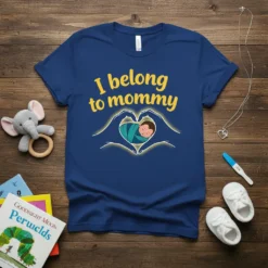 I belong to mommy t-shirt with a baby sleeping inside heart-shaped hands. Yellow text and blue baby wrap