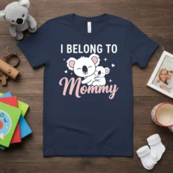I Belong To Mommy t-shirt with a mother and baby koala design, white text "I BELONG TO" and pink script