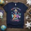 I Blasted Through 100 Days of School t-shirt with astronaut, rocket, planets, and stars design