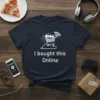Navy t-shirt with white text "I bought this Online" and a graphic of a shopping cart on clouds with WiFi