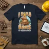 I Build Dams For The Environment quote with a cartoon beaver building a dam on a navy blue t-shirt
