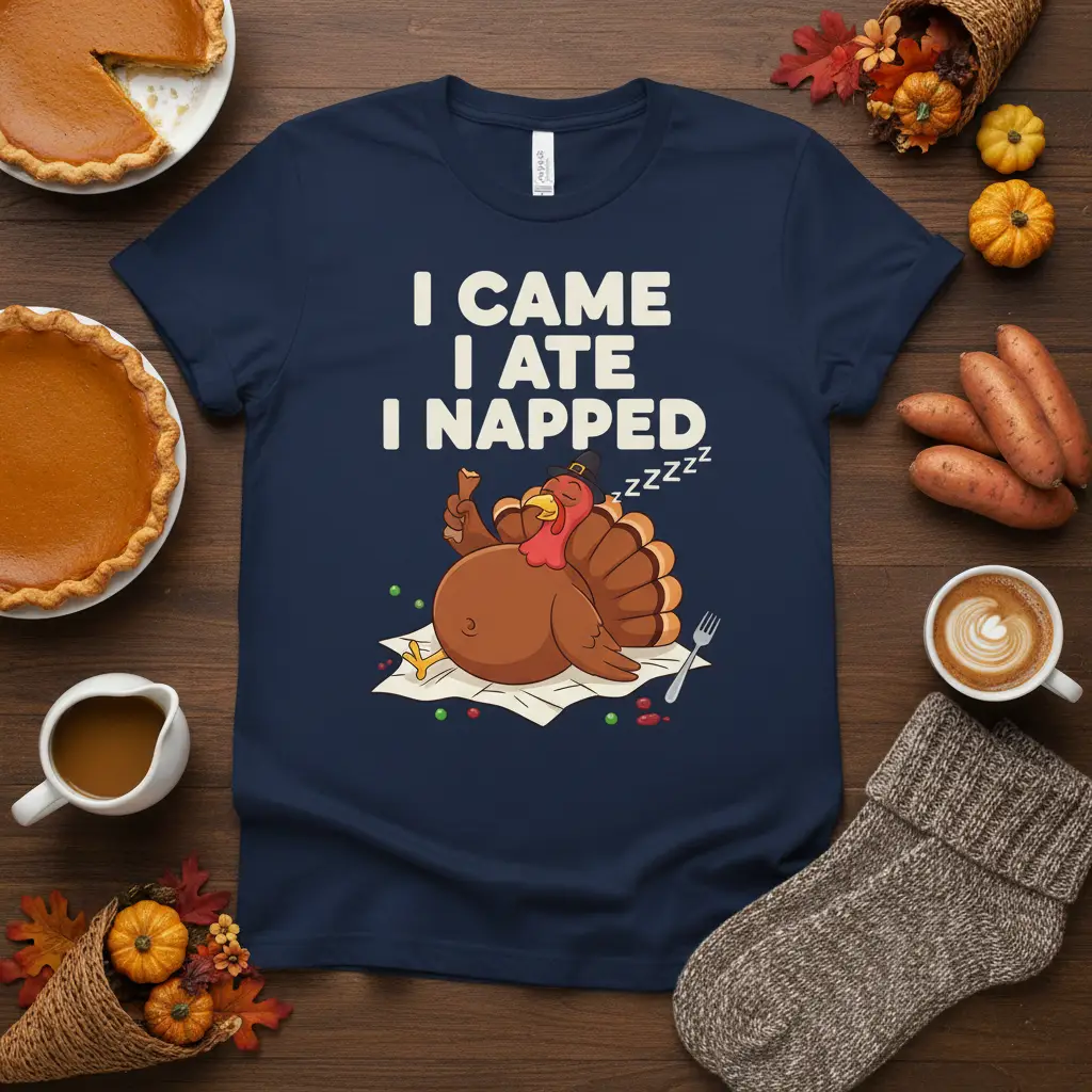 I Came I Ate I Napped funny thanksgiving turkey quote with sleeping graphic on a navy tee