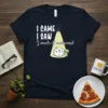 I Came I Saw I Made It Awkward quote with alien graphic on a navy t-shirt