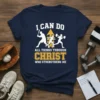 I Can Do All Things Through Christ Who Strengthens Me t-shirt with silhouettes of a baseball player, runner, and weightlifter