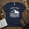 Christian t-shirt with white text "I Can Do All Things Through Christ" and "Philippians 4:13" above mountain graphic