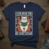 I Can Hear You But I'm Not Listening cat reading a book t-shirt design with bookshelf background