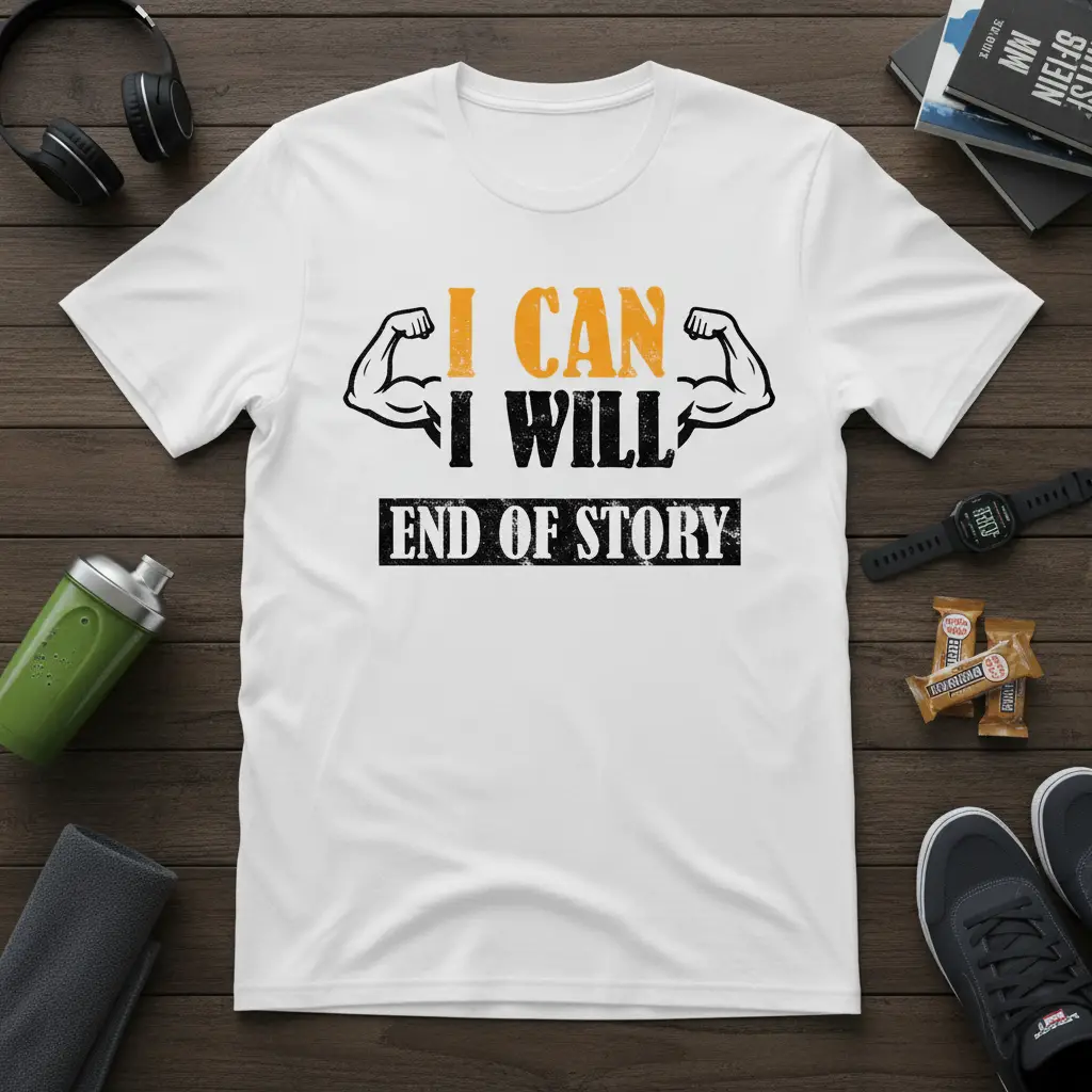 I Can I Will End of Story Motivational Gym T-Shirt