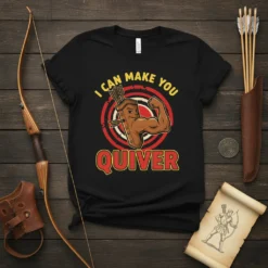 T-shirt with text "I Can Make You Quiver" and a cartoon quiver with a muscular arm and arrows, on a