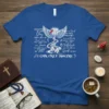 Christian t-shirt with "I Can Only Imagine" lyrics, wings, cardinal, and stairs design on a blue shirt