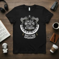 I CAN PLAY 88 KEYS WITH JUST 10 FINGERS WHAT'S YOUR SUPERPOWER? piano t-shirt design with keyboard graphic and fingerprint