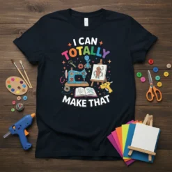 I Can Totally Make That t-shirt design featuring a sewing machine, robot drawing, and craft supplies