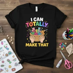 I Can Totally Make That t-shirt design with a basket of yarn, scissors, glue gun, and crafting supplies held by