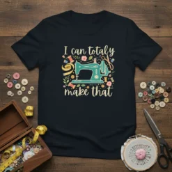 T-shirt with "I can totally make that" quote, featuring a vintage sewing machine, spools of thread, flowers, and measuring tape